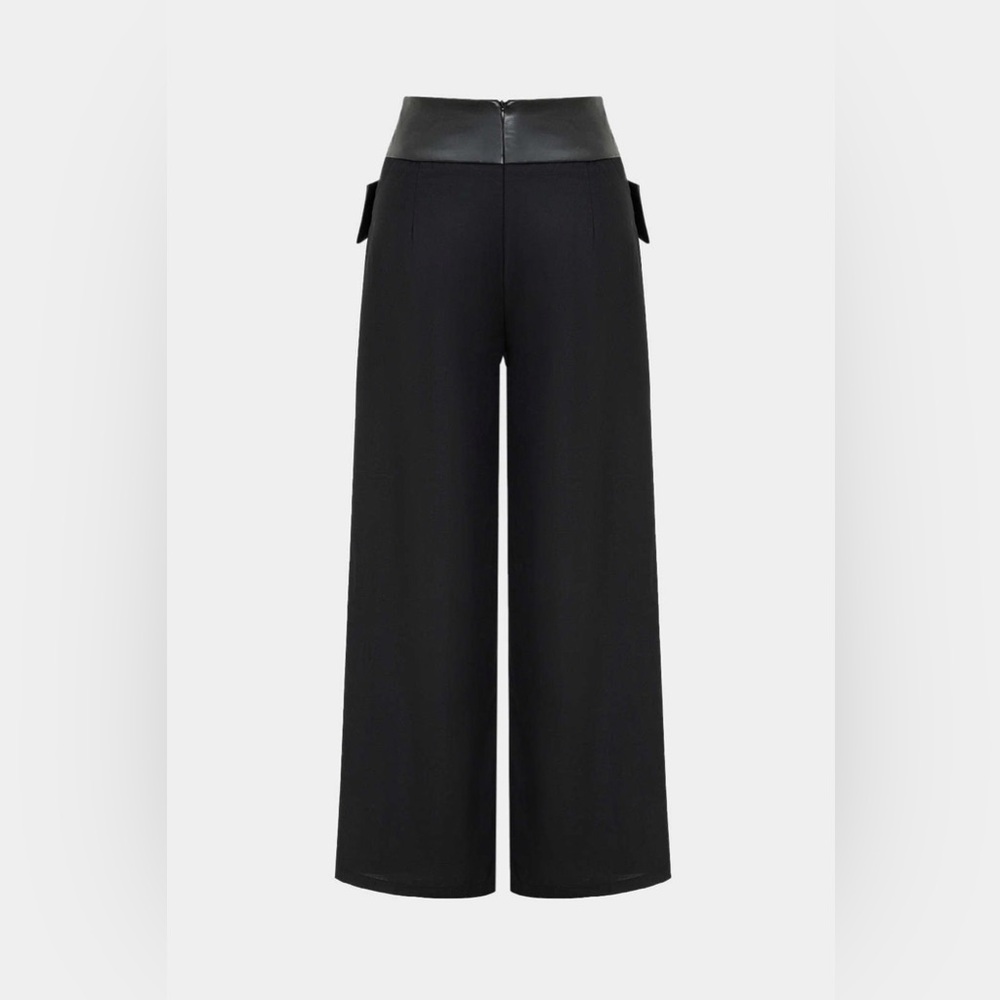 Solid Faux Leather Patchwork High Waist Crossed Pocket Trousers - Picture 2 of 4